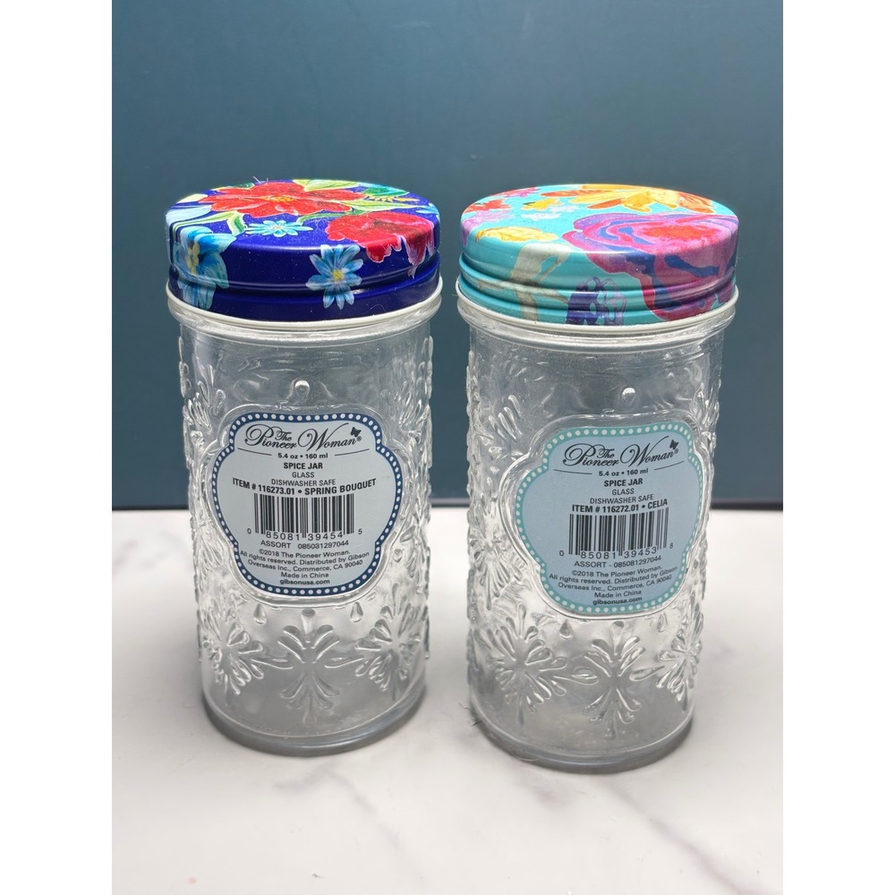 Pioneer Woman Glass Spice Jars Set of 2 Spring Bouquet Celia Floral 5.4oz 160ml